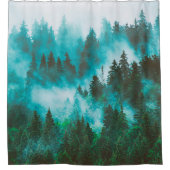 Misty foggy berglandschap met bos en vezel douchegordijn (Voorkant)
