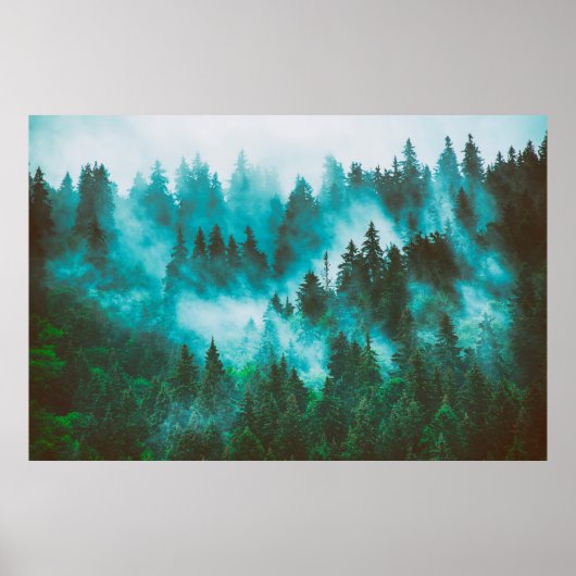 Misty foggy berglandschap met bos en vezel poster (Voorkant)