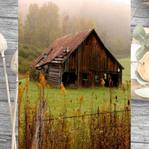 Misty Forest and Flowers Surround a Weathered Barn Tissuepapier
