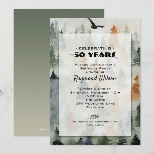 Misty Forest Masculine Birthday Party Invitations (Voorkant / Achterkant)