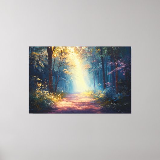 Misty Forest Trail als de dageraad breekt Canvas Afdruk (Voorkant)