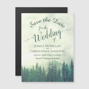 Misty Green Mountain Pines Bruiloft Save the Date Magnetische Uitnodiging