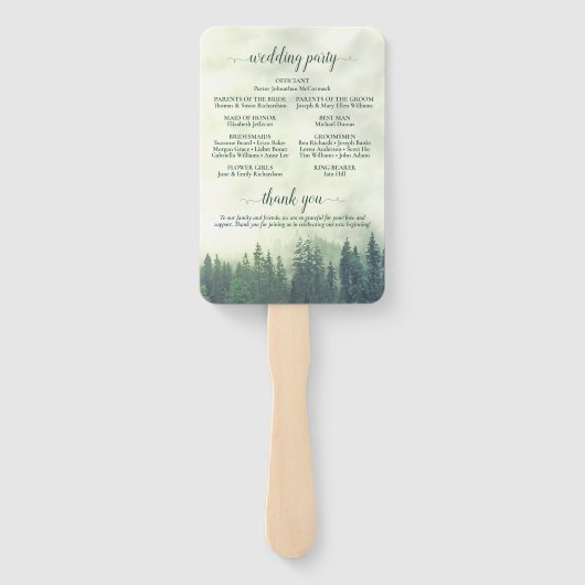 Misty Green Pine Trees Rustic Wedding Programme Handwaaier (Achterkant)