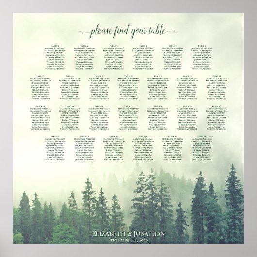Misty Green Pines 26 Table Wedding Seating Chart Poster (Voorkant)