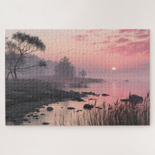 Misty Lake Sunset Puzzle Romantique Rose Nature Ar