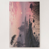 Misty Lake Sunset Puzzle Romantique Rose Nature Ar (Vertical)