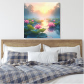 Misty Lotus Pond bij zonsopgang Canvas Afdruk (Insitu (Slaapkamer))