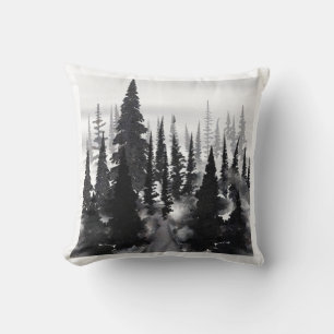 Misty Monochrome Pine Forest Waterverf Art Print Kussen