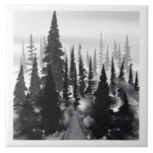 Misty Monochrome Pine Forest Waterverf Art Print Tegeltje