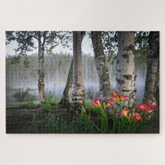 Misty Morning Lake Birch Trees Natuur Landschap Legpuzzel (Horizontaal)