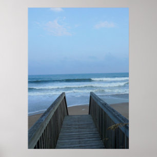 Misty Morning Seashore Pier Beach Zand Waves Foto Poster