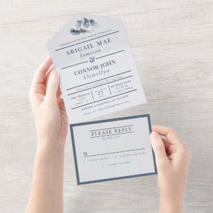 Misty Mountain Blue Grey White Elegant All In One Uitnodiging