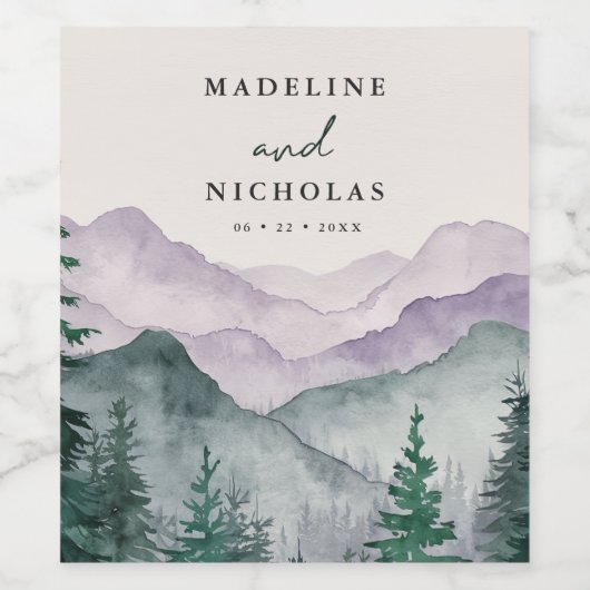 Misty Mountain Forest Waterverf bruiloft Wijn Etiket (Enkel label)