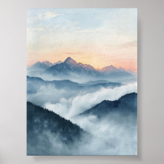 Misty Mountain Sunrise Waterverf Poster
