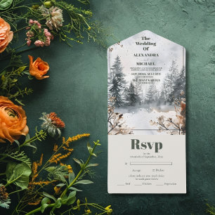 Misty Mountain Waterverf Winter Forest Wedding All In One Uitnodiging