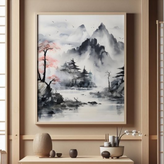 Misty Mountains Ink Schilderen Foto Afdruk