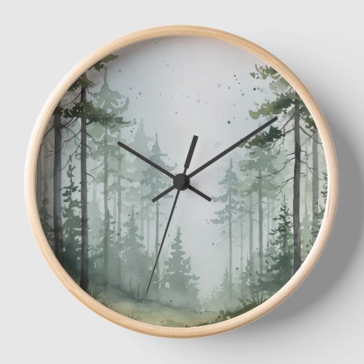 Misty Pine Forest Wall Clock – Groen & Grijs Desig (Voorkant)
