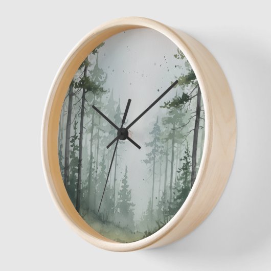 Misty Pine Forest Wall Clock – Groen & Grijs Desig (Hoek)