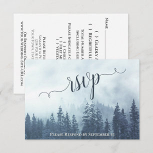 Misty Pines Rustic Blauwe Bos Buitenbruiloft RSVP Kaartje