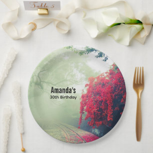 Misty Railroad Tracks Schilderachtig Foto Birthday Papieren Bordje