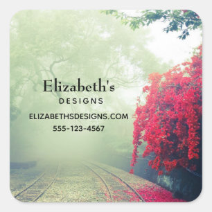 Misty Railroad Tracks Schilderachtig Foto Business Vierkante Sticker