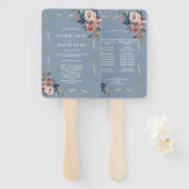 Misty Roos Dusty Blue Floral Gold Wedding Program Handwaaier (Voorkant en achterkant)