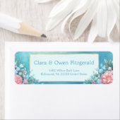 Misty Teal Pink Peony Gold Frame Wedding Etiket (Insitu)
