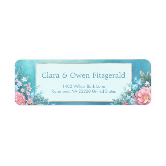 Misty Teal Pink Peony Gold Frame Wedding Etiket (Voorkant)