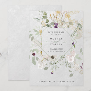 Misty Wildbloemen Fijne geometrische grijze rug Save The Date