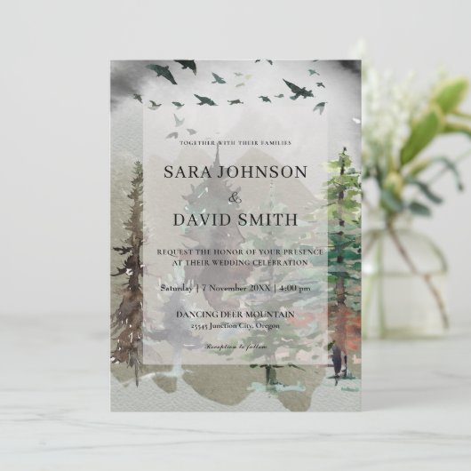 Misty Woodland Forest Faire-part de mariage rustiq (Debout devant)