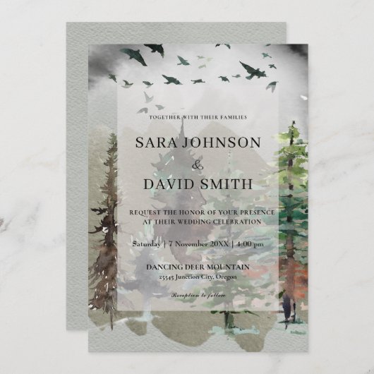 Misty Woodland Forest Rustic Wedding Invitation Kaart (Voorkant / Achterkant)