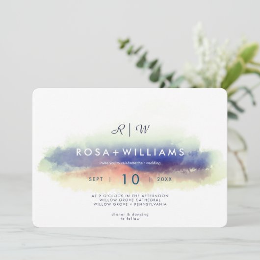 misy waterverf landschap monogrammen bruiloft kaart (Staand voorkant)