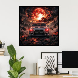 Mitsubishi Lancer Evo 10 Onder een Robijnrode Maan Poster