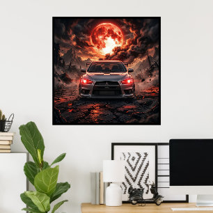 Mitsubishi Lancer Evo 10 Onder een Robijnrode Maan Poster
