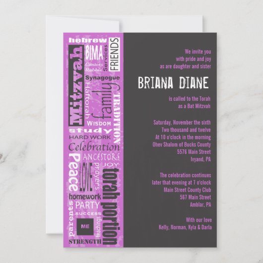 MITZVAH MOTS DIT Bar Bat Invitation Invitation (Devant)