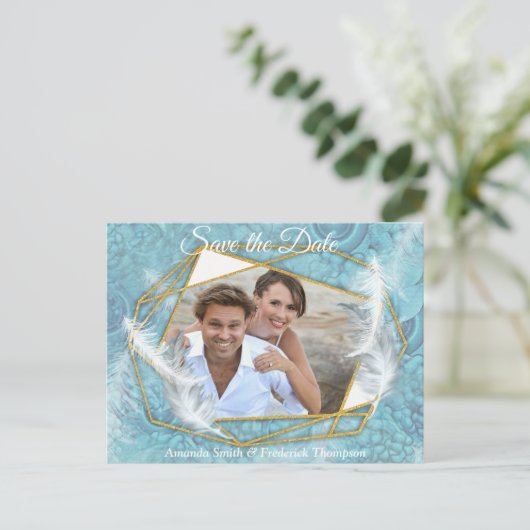 Mix Blue Pattern, Feathers & White Lace Aankondigingskaart (Staand voorkant)