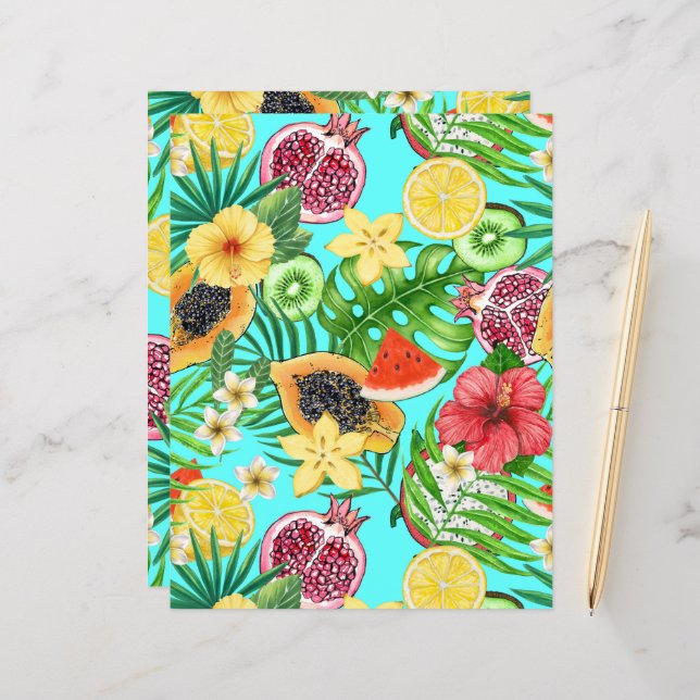 Mix-fruit tropical, fleurs et feuilles en bleu (Devant/Arrière en situation)