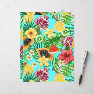 Mix-fruit tropical, fleurs et feuilles en bleu