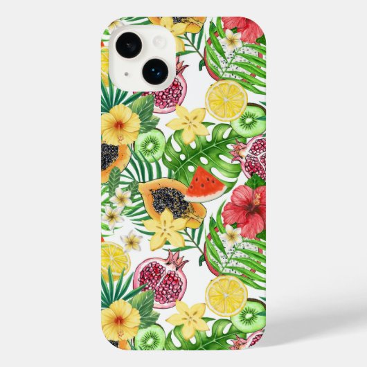 Mix-fruit tropical, fleurs et feuilles sur blanc (Verso)