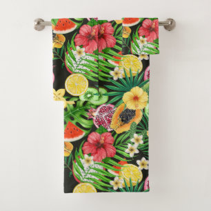 Mix-fruits tropicaux, fleurs et feuilles en noir