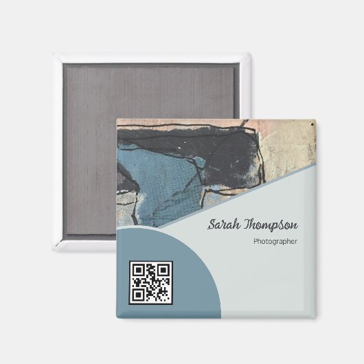 Mixed Media Abstract Grijs Grijs Blauw QR Code Magneet (Voorkant / Achterkant)