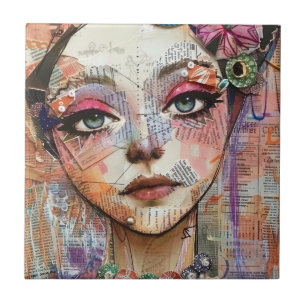 Mixed Media Collage Portret Kunst (11) Tegeltje