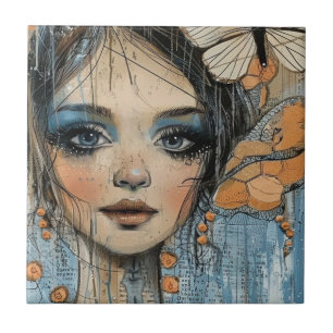 Mixed Media Collage Portret Kunst (12) Tegeltje
