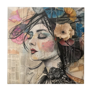 Mixed Media Collage Portret Kunst (2) Tegeltje