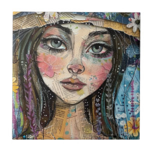 Mixed Media Collage Portret Kunst (3) Tegeltje