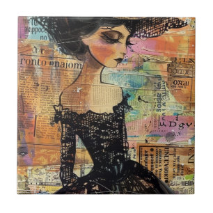 Mixed Media Collage Portret Kunst (4) Tegeltje