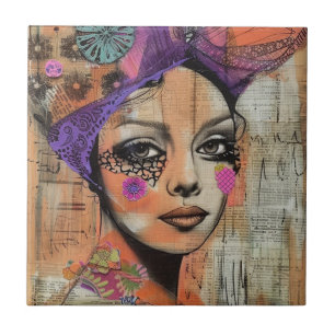 Mixed Media Collage Portret Kunst (5) Tegeltje