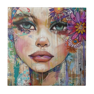 Mixed Media Collage Portret Kunst (6) Tegeltje