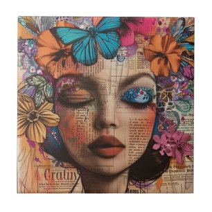 Mixed Media Collage Portret Kunst (7) Tegeltje