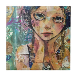 Mixed Media Collage Portret Kunst (8) Tegeltje